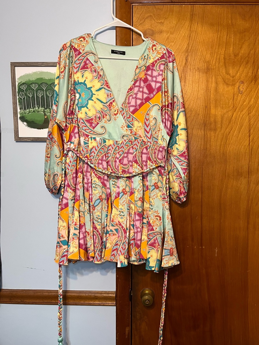 Guess by Marciano Mint Paisley Wrap Mini Dress with Pink & Yellow Accents